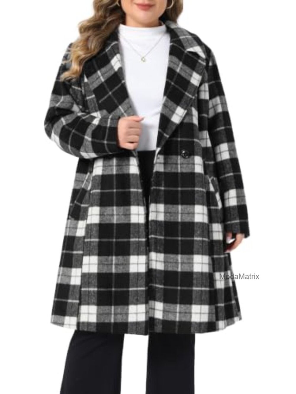 Plus Size Plaid Trench Coat Long Shacket Double Breasted Peacoat